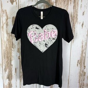 Bella Canvas, Black Tee with Gray Heart and Pink Babe Lettering. Size Small.